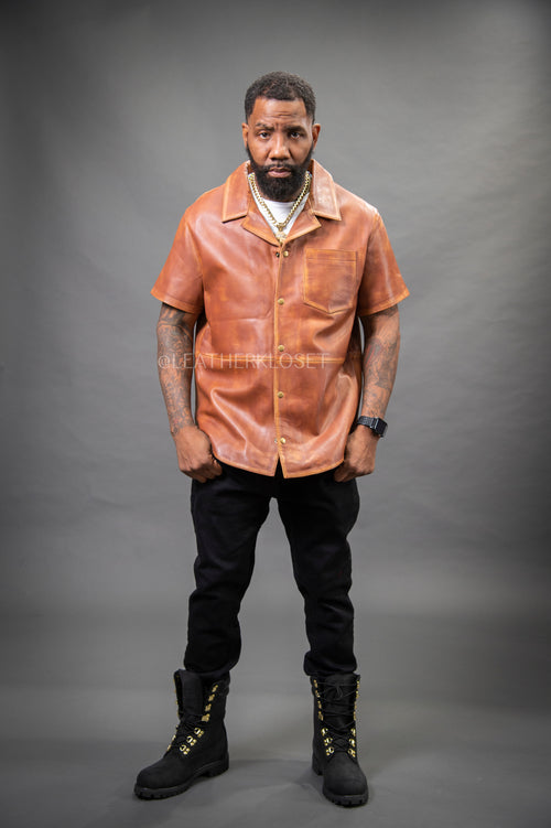 Men's Summer In Miami Luka Leather Short Sleeve Shirt [Caramel Crunch]