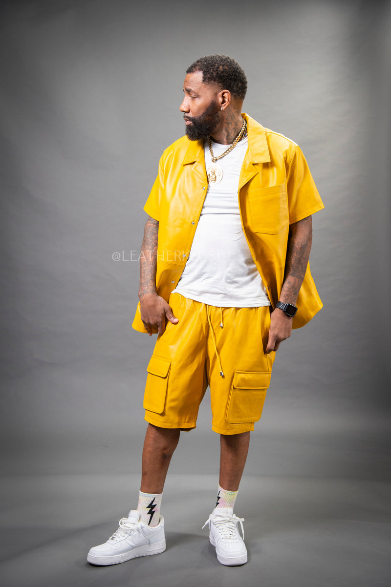 Men's Summer In Miami Leather Shirt And Cargo Shorts Set [Yellow]