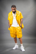 Men's Summer In Miami Leather Shirt And Cargo Shorts Set [Yellow]