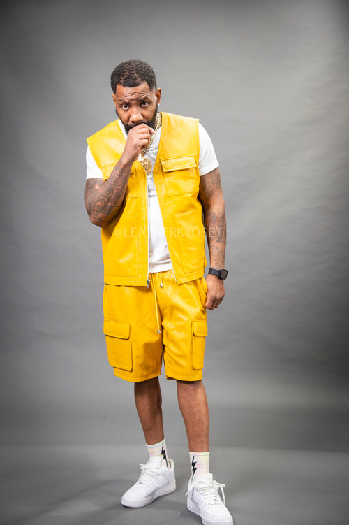 Men's Leather Brooklyn Vest With Leather Cargo Shorts [Yellow]