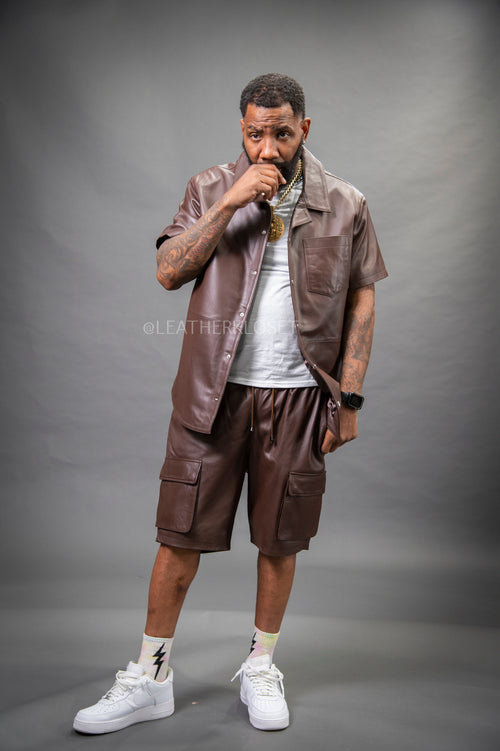 Men's Summer In Miami Leather Shirt And Cargo Shorts Set [Chocolate]