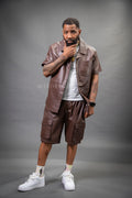 Men's Summer In Miami Leather Shirt And Cargo Shorts Set [Chocolate]