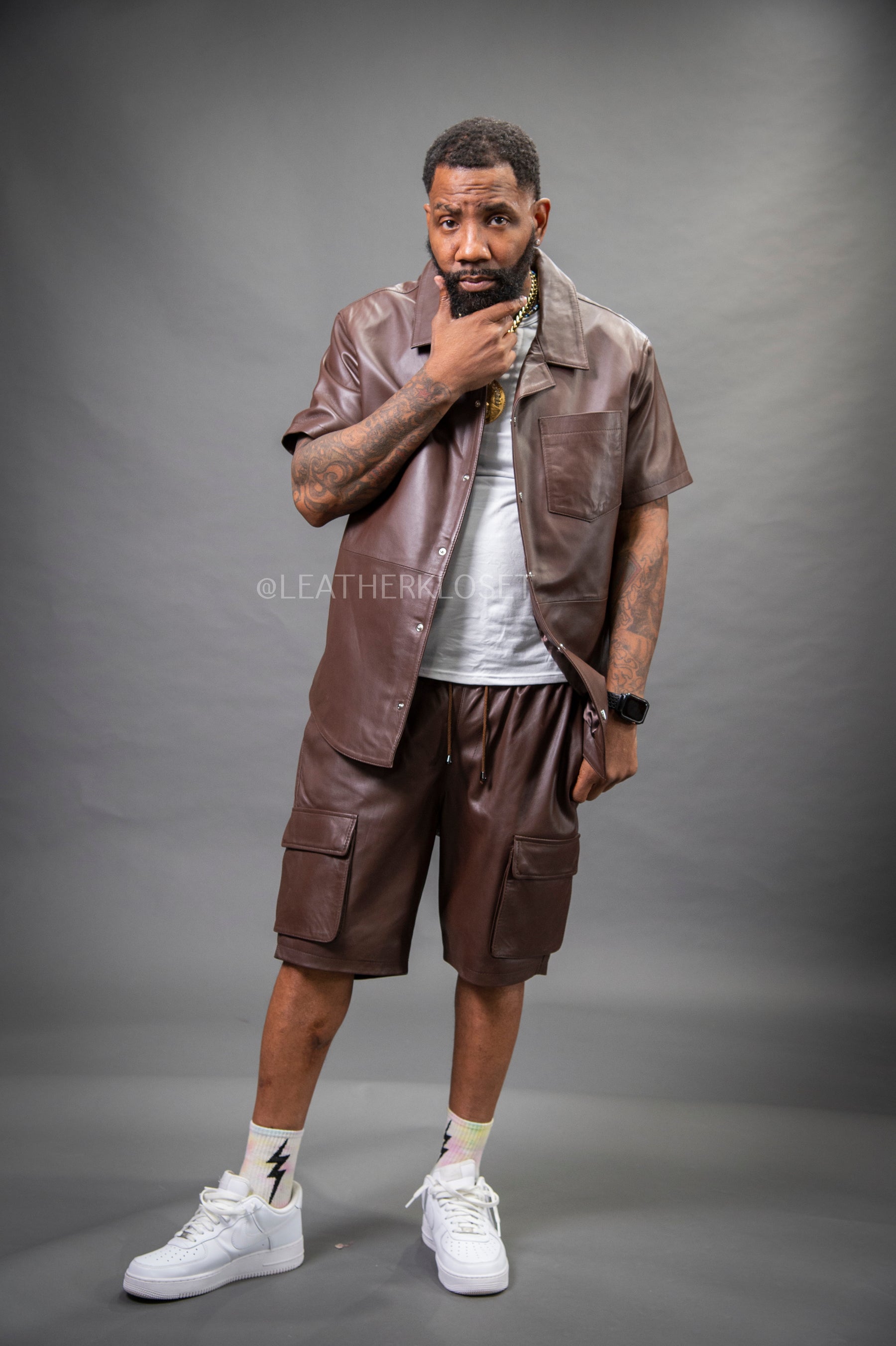 Men's Summer In Miami Leather Shirt And Cargo Shorts Set