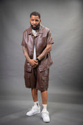 Men's Summer In Miami Leather Shirt And Cargo Shorts Set [Chocolate]