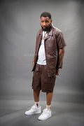 Men's Summer In Miami Leather Shirt And Cargo Shorts Set [Chocolate]