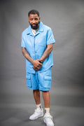 Men's Summer In Miami Leather Shirt And Cargo Shorts Set [Baby Blue]