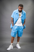 Men's Summer In Miami Leather Shirt And Cargo Shorts Set [Baby Blue]