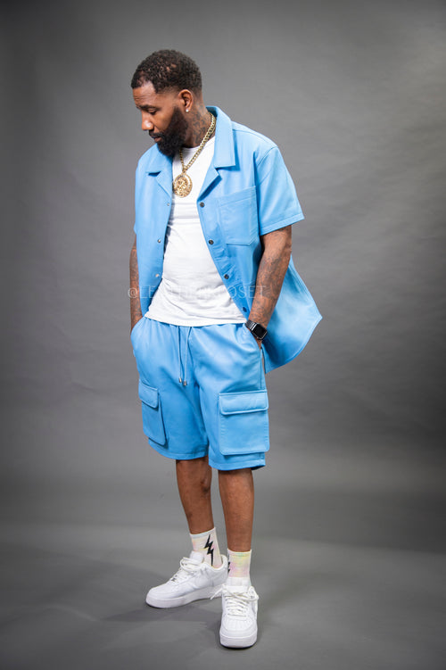 Men's Summer In Miami Leather Shirt And Cargo Shorts Set [Baby Blue]