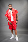 Men's Summer In Miami Leather Shirt And Cargo Shorts Set [Red]