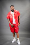 Men's Summer In Miami Leather Shirt And Cargo Shorts Set [Red]