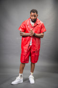 Men's Summer In Miami Leather Shirt And Cargo Shorts Set [Red]