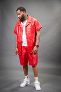 Men's Summer In Miami Leather Shirt And Cargo Shorts Set [Red]