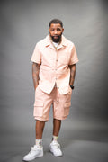 Men's Summer In Miami Leather Shirt And Cargo Shorts Set [Baby Pink]