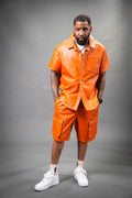 Men's Summer In Miami Leather Shirt And Cargo Shorts Set [Orange]