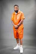 Men's Summer In Miami Leather Shirt And Cargo Shorts Set [Orange]