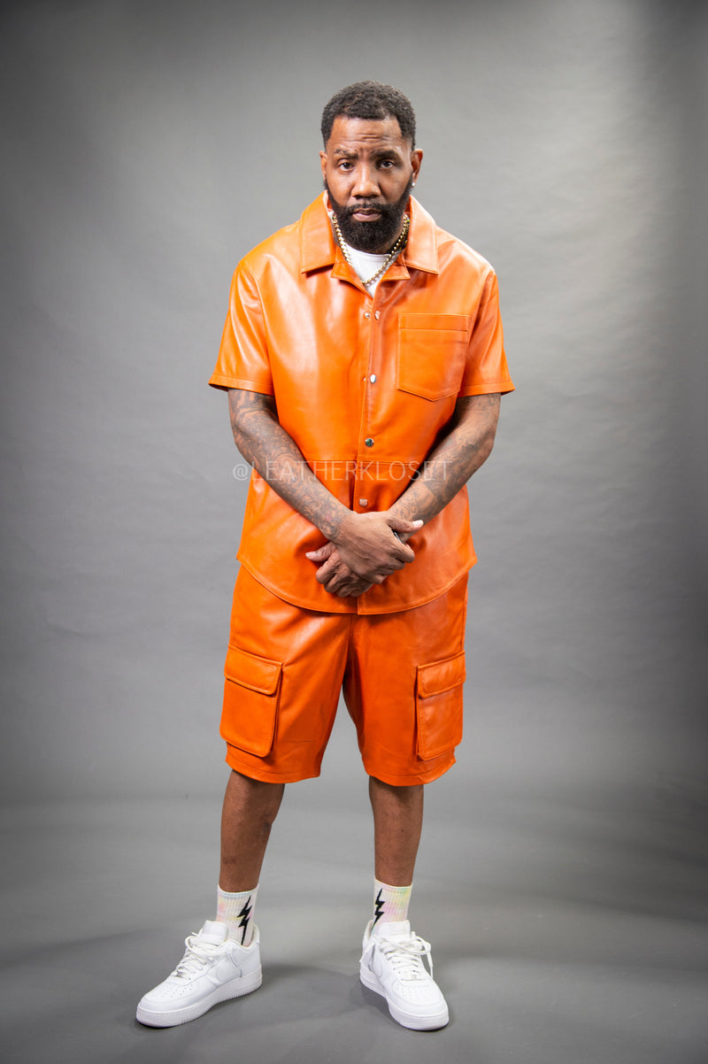 Men's Summer In Miami Leather Shirt And Cargo Shorts Set [Orange]