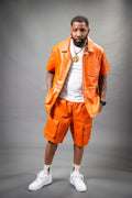 Men's Summer In Miami Leather Shirt And Cargo Shorts Set [Orange]