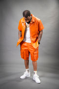 Men's Summer In Miami Leather Shirt And Cargo Shorts Set [Orange]