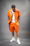 Men's Summer In Miami Leather Shirt And Cargo Shorts Set [Orange]