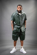 Men's Summer In Miami Leather Shirt And Cargo Shorts Set [Forest Green]