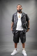 Men's Summer In Miami Leather Shirt And Cargo Shorts Set [Black]