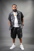 Men's Summer In Miami Leather Shirt And Cargo Shorts Set [Black]