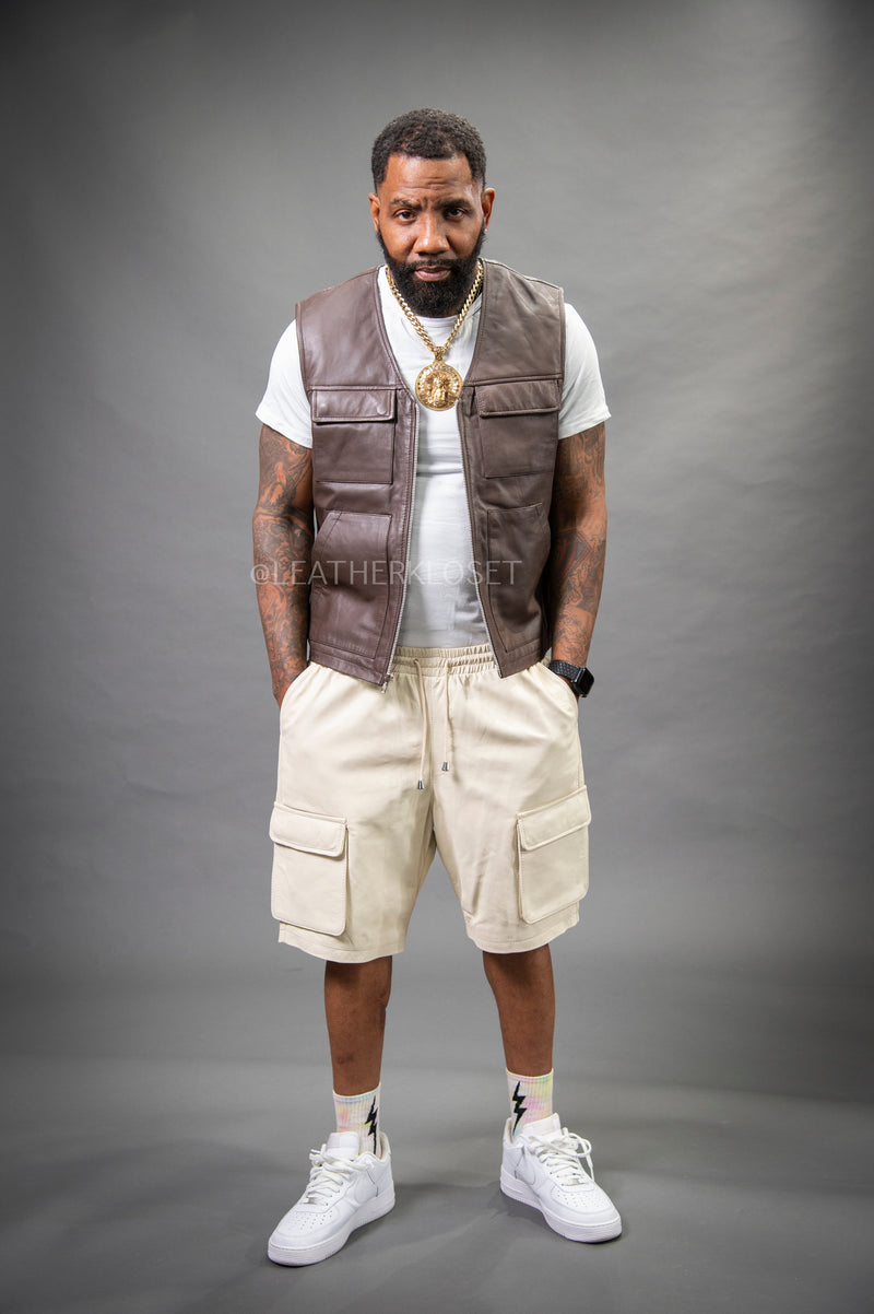 Men's Bless Set Leather Vest & Leather Cargo Shorts [Chocolate/Beige]