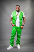Men's Leather Brooklyn Vest With Leather Cargo Pants Green [Slim-Cut]