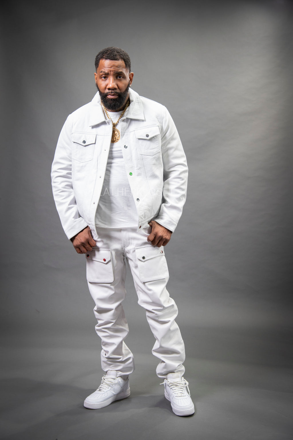 Men's Dylan Leather Jean Jacket And Cargo Pants Set [White]