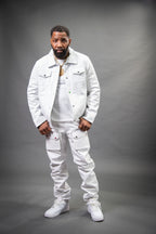 Men's Dylan Leather Jean Jacket And Cargo Pants Set [White]