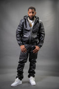 Men's Leather Hoodie And Cargo Pants Set [Black]