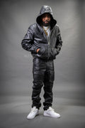 Men's Leather Hoodie And Cargo Pants Set [Black]