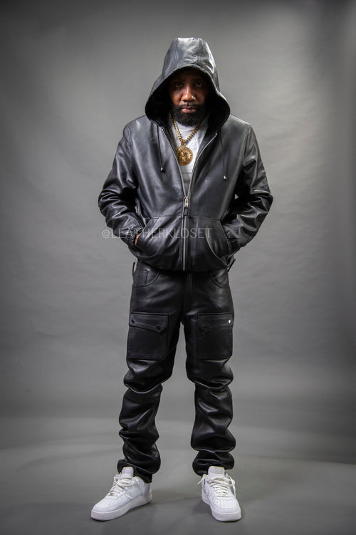 Men's Leather Hoodie And Cargo Pants Set [Black]