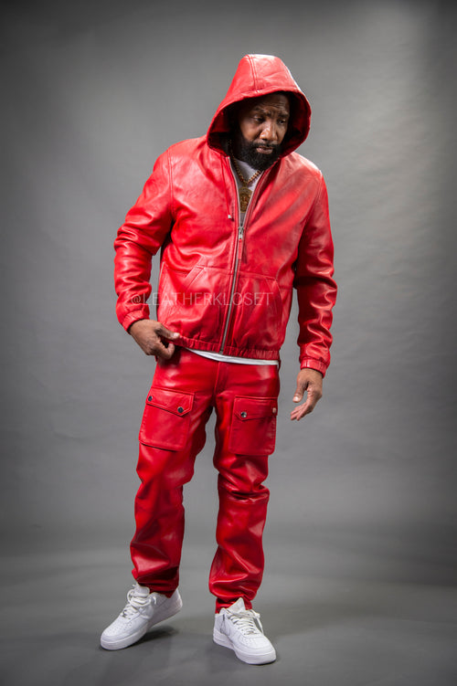 Men's Leather Hoodie And Cargo Pants Set [Red]