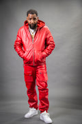 Men's Leather Hoodie And Cargo Pants Set [Red]