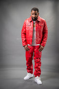 Men's Dylan Leather Jean Jacket And Cargo Pants Set [Red]