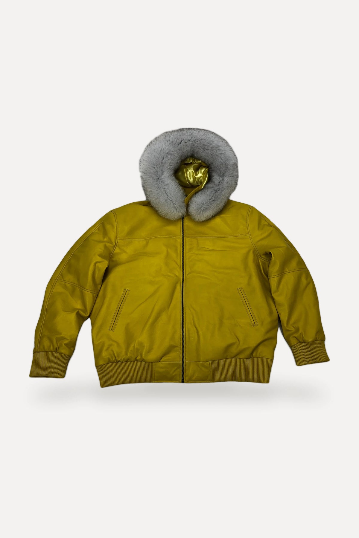 Yellow Leather Baseball Jacket with fox fur hood