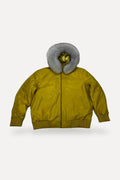 Yellow Leather Baseball Jacket with fox fur hood