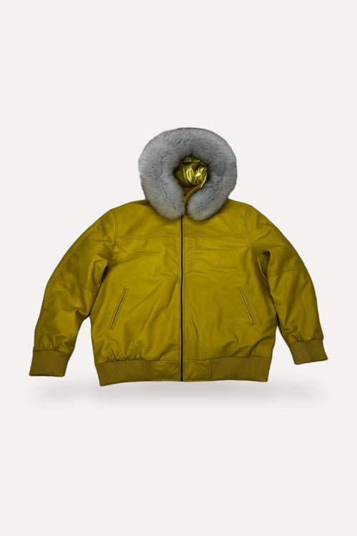 Yellow Leather Baseball Jacket with fox fur hood