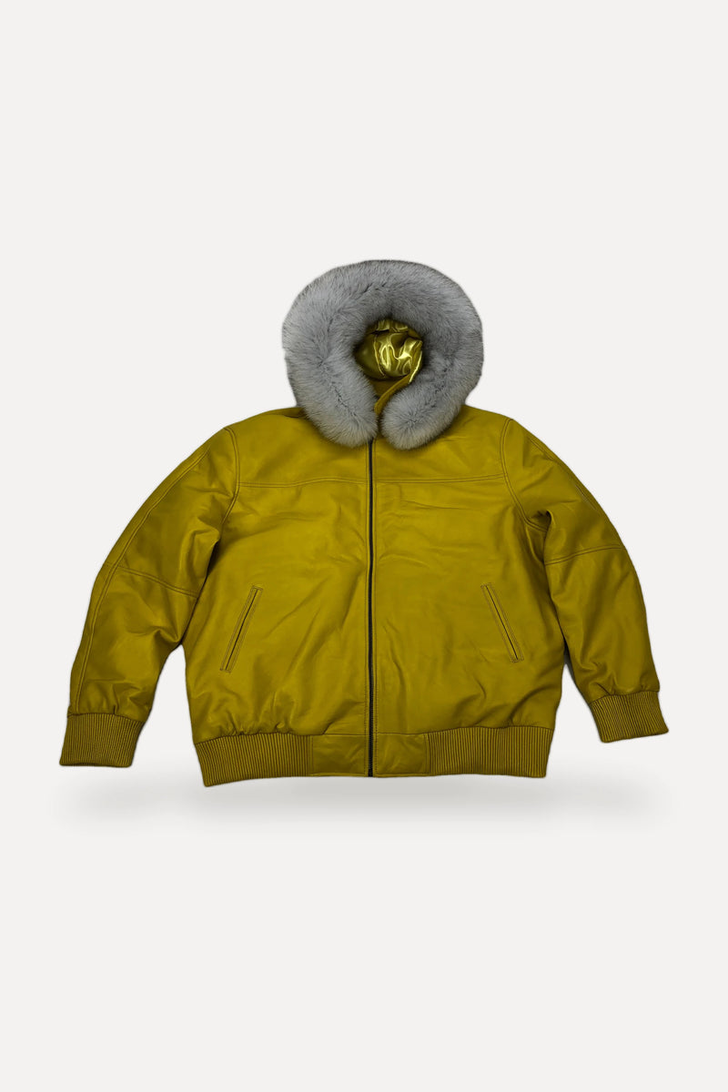 Yellow Leather Baseball Jacket with fox fur hood