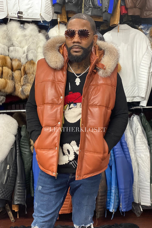 Men's Leather Bubble Vest With Premium Fox Fur Hood