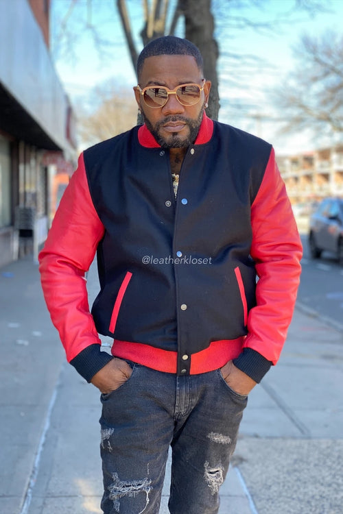 Men's Classic Wool And Leather Varsity Jacket [Black/Red]