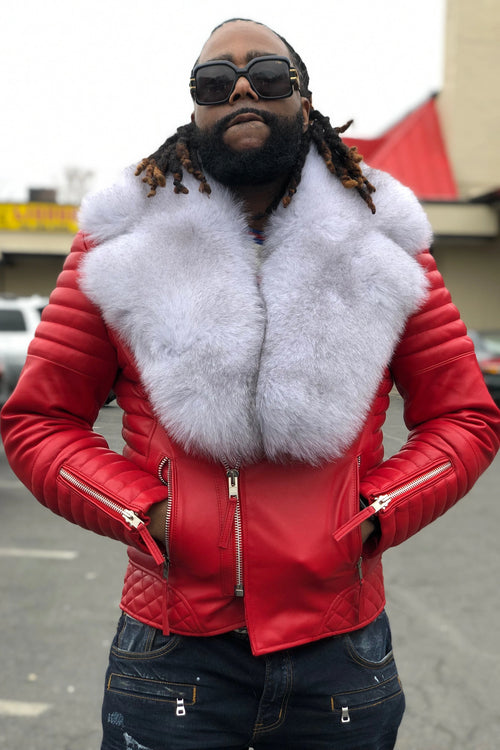 Men's Jay Biker Jacket Red With Full Siberian Fox Collar