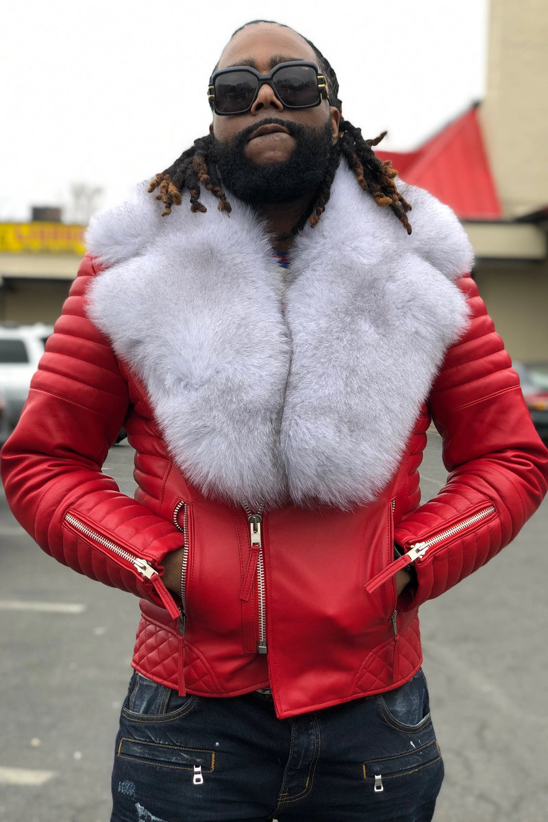 Men's Jay Biker Jacket Red With Full Siberian Fox Collar