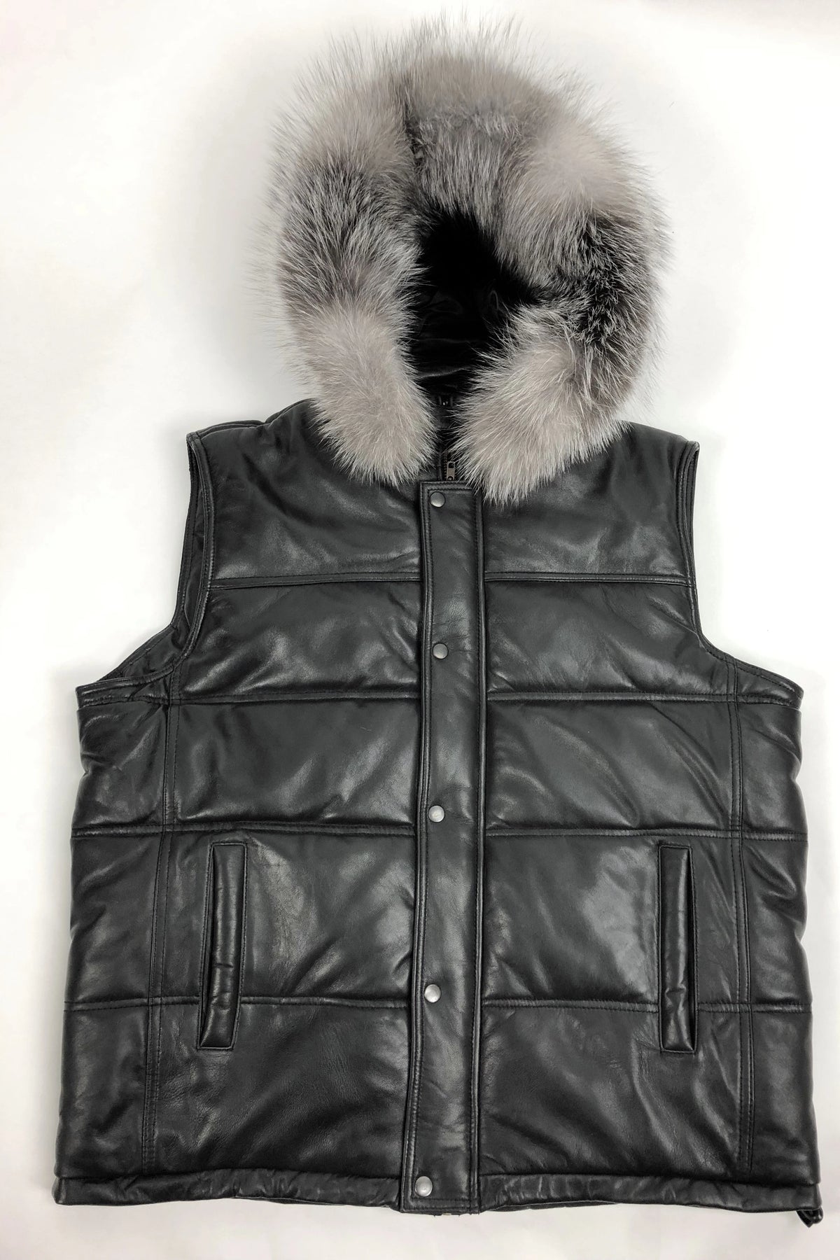 Men's Leather Bubble Vest With Premium Fox Fur Hood