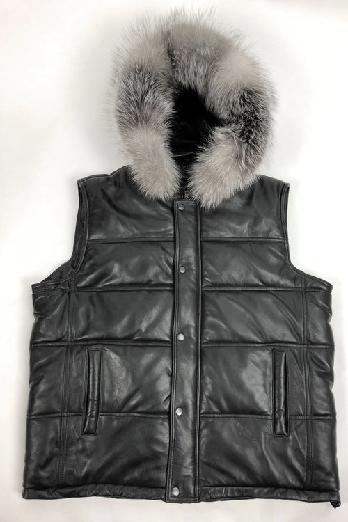 Men's Leather Bubble Vest With Premium Fox Fur Hood