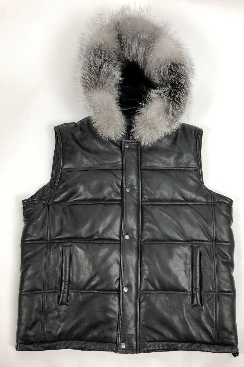 Men's Leather Bubble Vest With Premium Fox Fur Hood