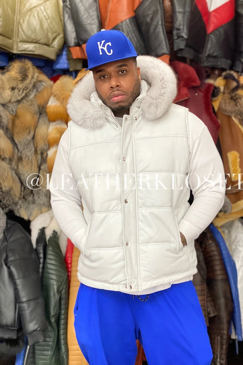 Men's Leather Bubble Vest With Fox Fur Hood