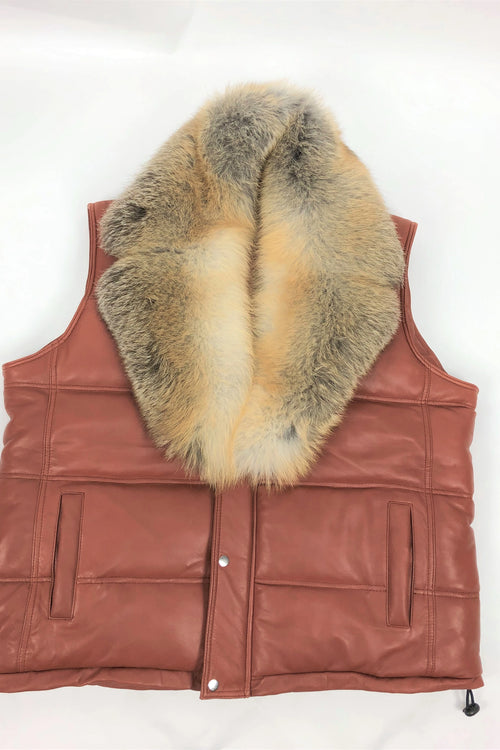 Men's Leather Bubble Vest With Full Fox Fur Collar