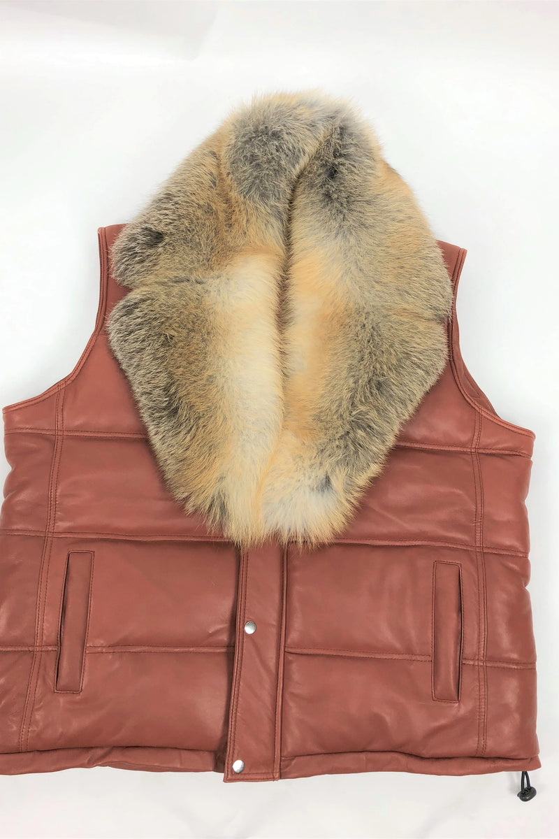 Men's Leather Bubble Vest With Full Fox Fur Collar
